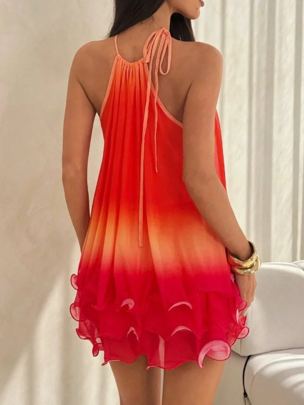 Multicolor Boho Beach Women's Knotted Halter Loose Mini Dress - Picture 2 of 6